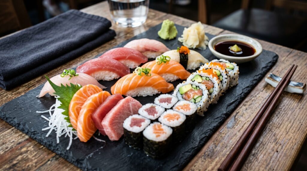 A split scene of fine dining and casual restaurant settings