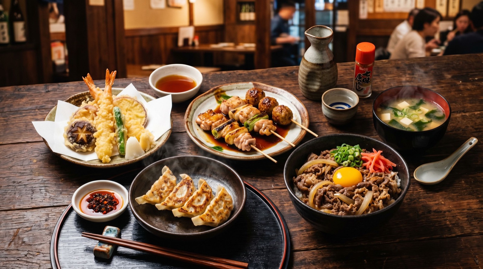 Japanese cuisine spread with tempura, gyoza and yakitori